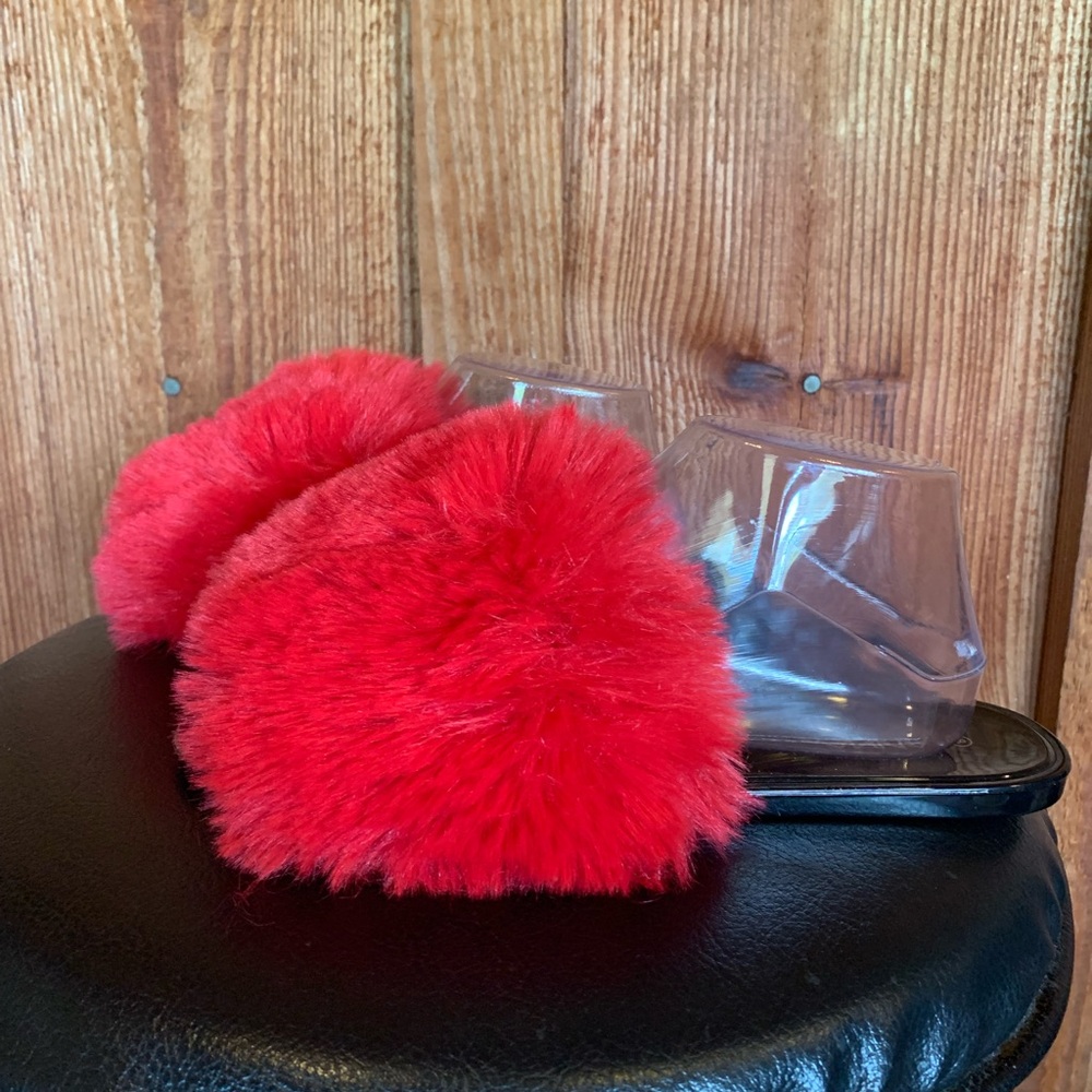 Anna Renee Red Faux Fur Jelly Slides Women’s Size 8